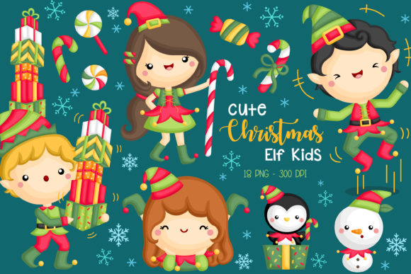 Cute Christmas Elf Kids Clipart Set for Graphics & Illustrations
